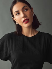 Black Textured Short Sleeve Drape Detail Midi Dress - Image 4 of 8