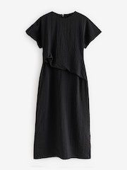 Black Textured Short Sleeve Drape Detail Midi Dress - Image 5 of 8