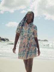 Pink and Teal Blue Vintage Floral Print Mini Broderie Short Sleeve Tie Waist 100% Cotton Shirt Dress - Image 1 of 10