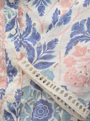 Pink and Teal Blue Vintage Floral Print Mini Broderie Short Sleeve Tie Waist 100% Cotton Shirt Dress - Image 10 of 10
