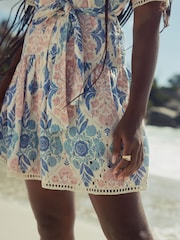 Pink and Teal Blue Vintage Floral Print Mini Broderie Short Sleeve Tie Waist 100% Cotton Shirt Dress - Image 5 of 10