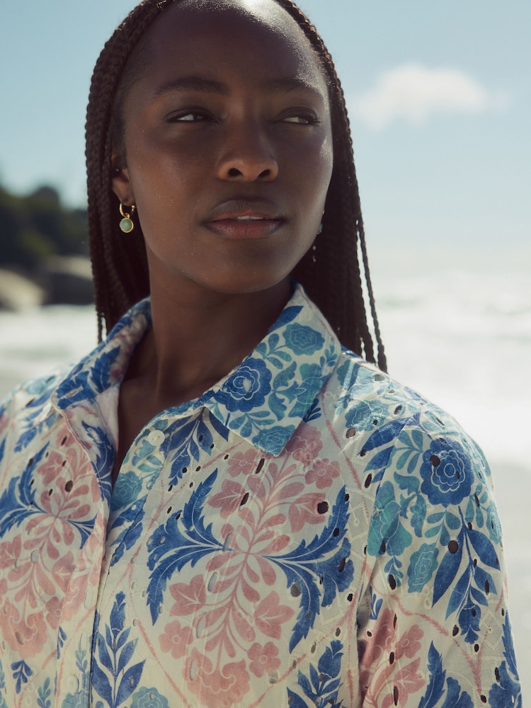 Pink and Teal Blue Vintage Floral Print Mini Broderie Short Sleeve Tie Waist 100% Cotton Shirt Dress - Image 6 of 10