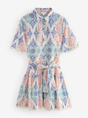 Pink and Teal Blue Vintage Floral Print Mini Broderie Short Sleeve Tie Waist 100% Cotton Shirt Dress - Image 7 of 10