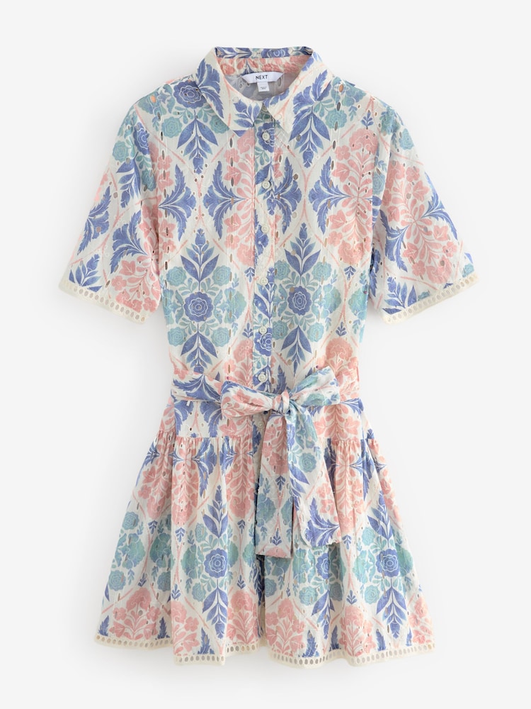 Pink and Teal Blue Vintage Floral Print Mini Broderie Short Sleeve Tie Waist 100% Cotton Shirt Dress - Image 7 of 10