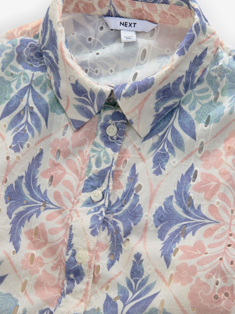 Pink and Teal Blue Vintage Floral Print Mini Broderie Short Sleeve Tie Waist 100% Cotton Shirt Dress - Image 8 of 10