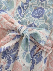 Pink and Teal Blue Vintage Floral Print Mini Broderie Short Sleeve Tie Waist 100% Cotton Shirt Dress - Image 9 of 10