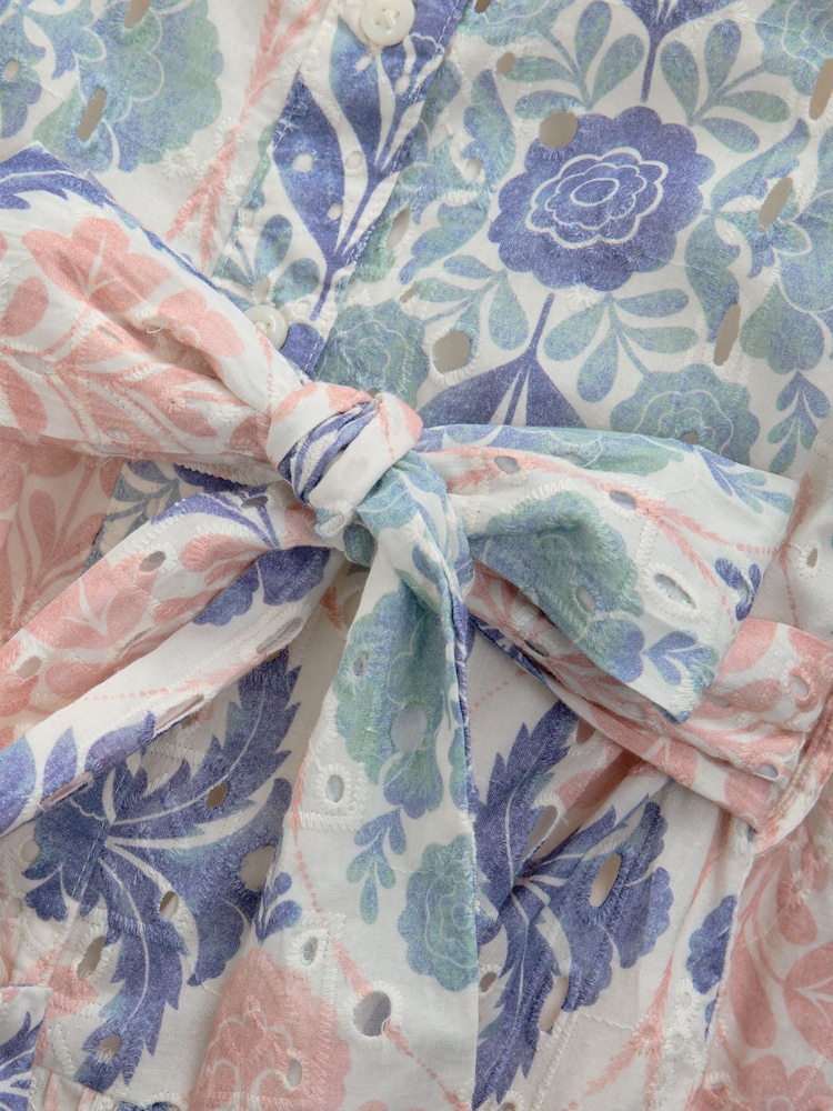 Pink and Teal Blue Vintage Floral Print Mini Broderie Short Sleeve Tie Waist 100% Cotton Shirt Dress - Image 9 of 10