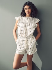 White Embroidered Shorts with Elasticated Waist - Image 1 of 8