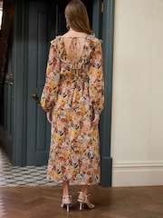 Rust Brown Floral Print Long Sleeve Ruffle Tie Back A-Line Midi Dress - Image 2 of 8
