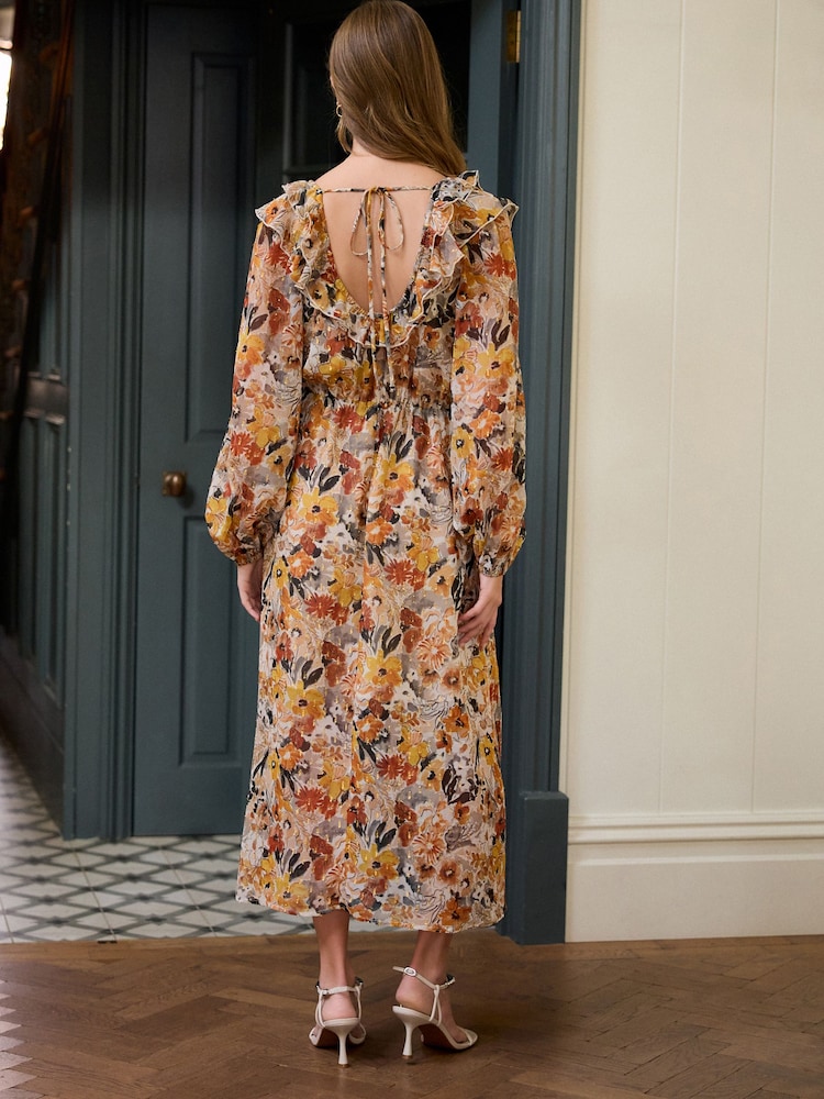 Rust Brown Floral Print Long Sleeve Ruffle Tie Back A-Line Midi Dress - Image 2 of 8