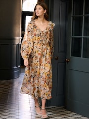 Rust Brown Floral Print Long Sleeve Ruffle Tie Back A-Line Midi Dress - Image 3 of 8