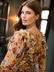 Rust Brown Floral Print Long Sleeve Ruffle Tie Back A-Line Midi Dress - Image 4 of 8