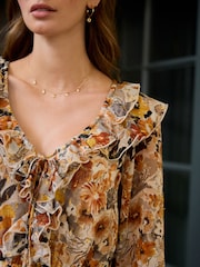 Rust Brown Floral Print Long Sleeve Ruffle Tie Back A-Line Midi Dress - Image 5 of 8