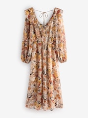 Rust Brown Floral Print Long Sleeve Ruffle Tie Back A-Line Midi Dress - Image 6 of 8