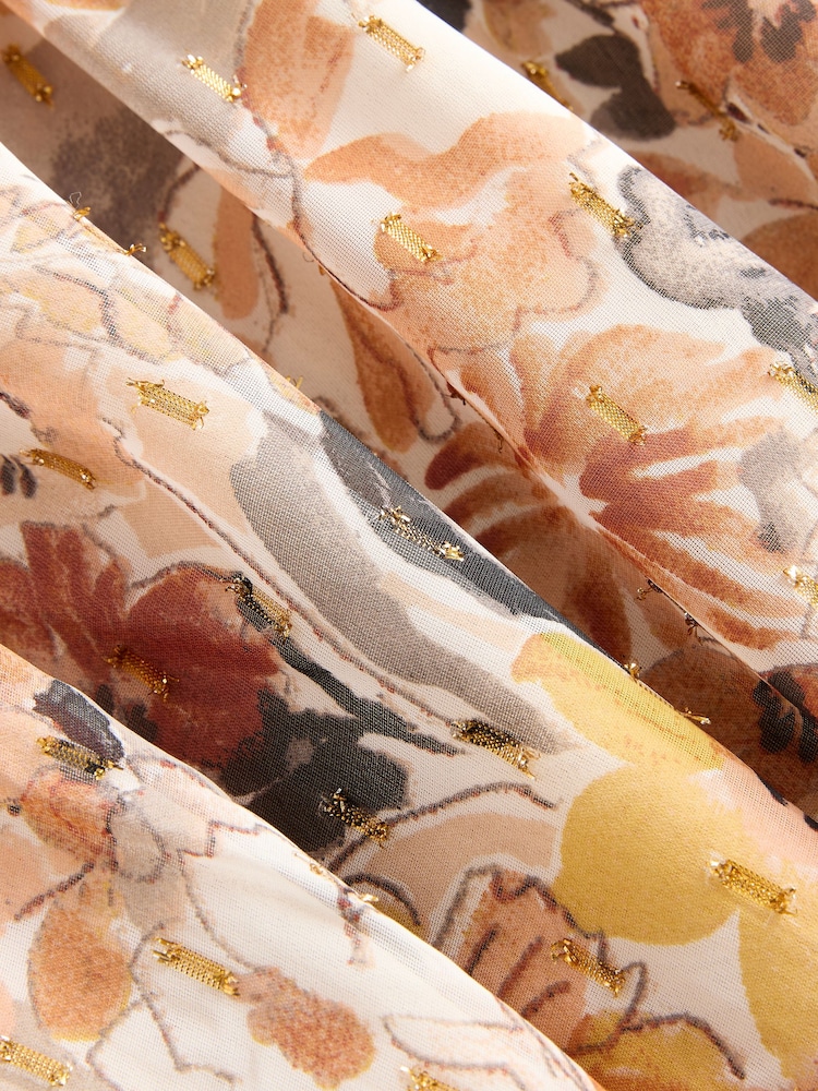 Rust Brown Floral Print Long Sleeve Ruffle Tie Back A-Line Midi Dress - Image 8 of 8