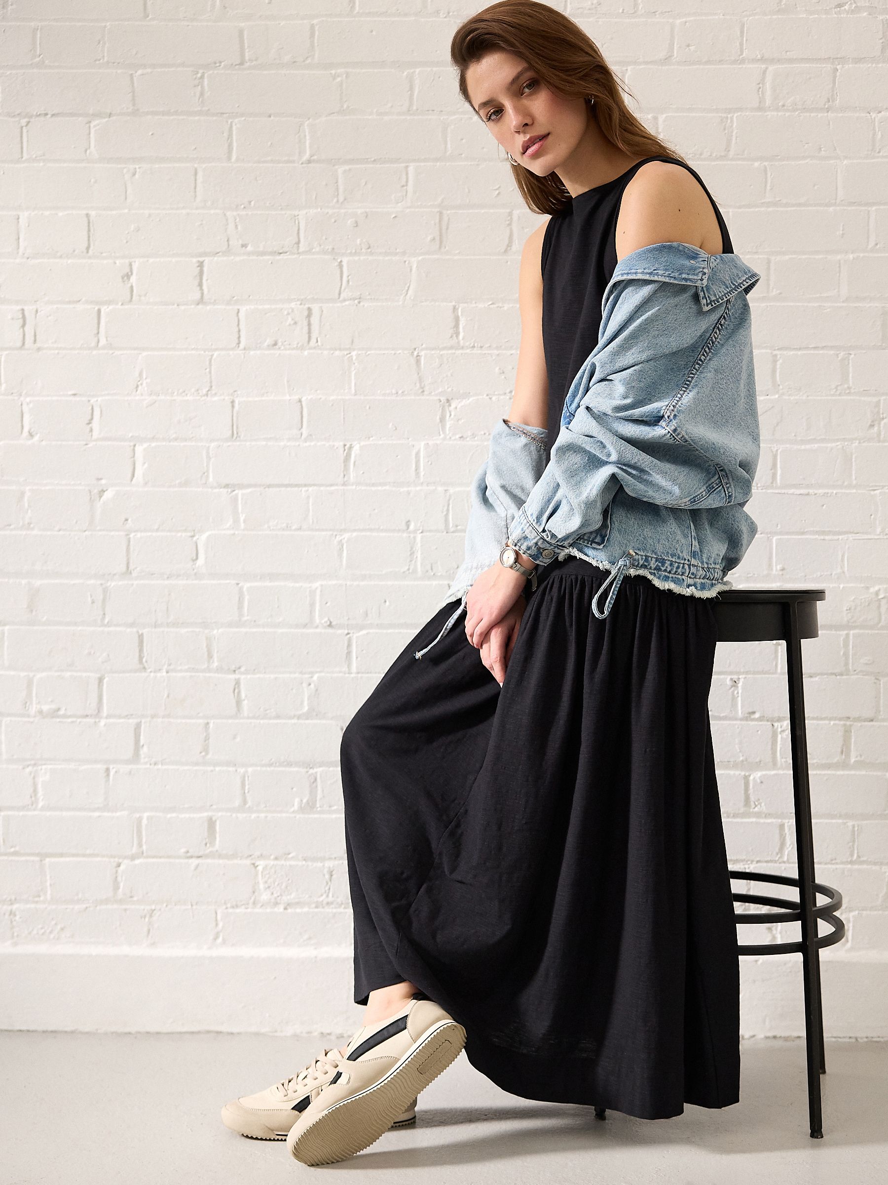 Buy Black Sleeveless Drop Waist 100% Cotton Crew Neck Midi