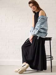 Black Sleeveless Drop Waist 100% Cotton Crew Neck Midi Dress - Image 2 of 8