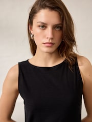Black Sleeveless Drop Waist 100% Cotton Crew Neck Midi Dress - Image 4 of 8