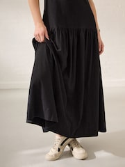 Black Sleeveless Drop Waist 100% Cotton Crew Neck Midi Dress - Image 5 of 8