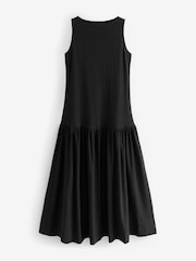Black Sleeveless Drop Waist 100% Cotton Crew Neck Midi Dress - Image 6 of 8