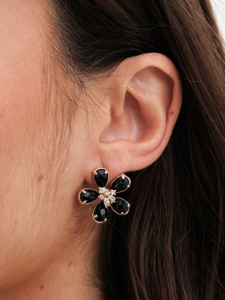 Jon Richard Gold Tone and Jet Floral Stud Earrings - Image 1 of 3