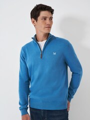 Crew Clothing Blue Light Quarter Zip Knitted 100% Cotton Jumper - Image 1 of 4