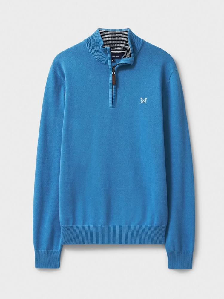 Crew Clothing Blue Light Quarter Zip Knitted 100% Cotton Jumper - Image 4 of 4