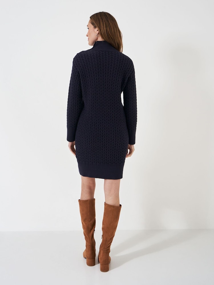 Crew Clothing Blue Leela Button Shoulder Cable Knit Dress - Image 3 of 7