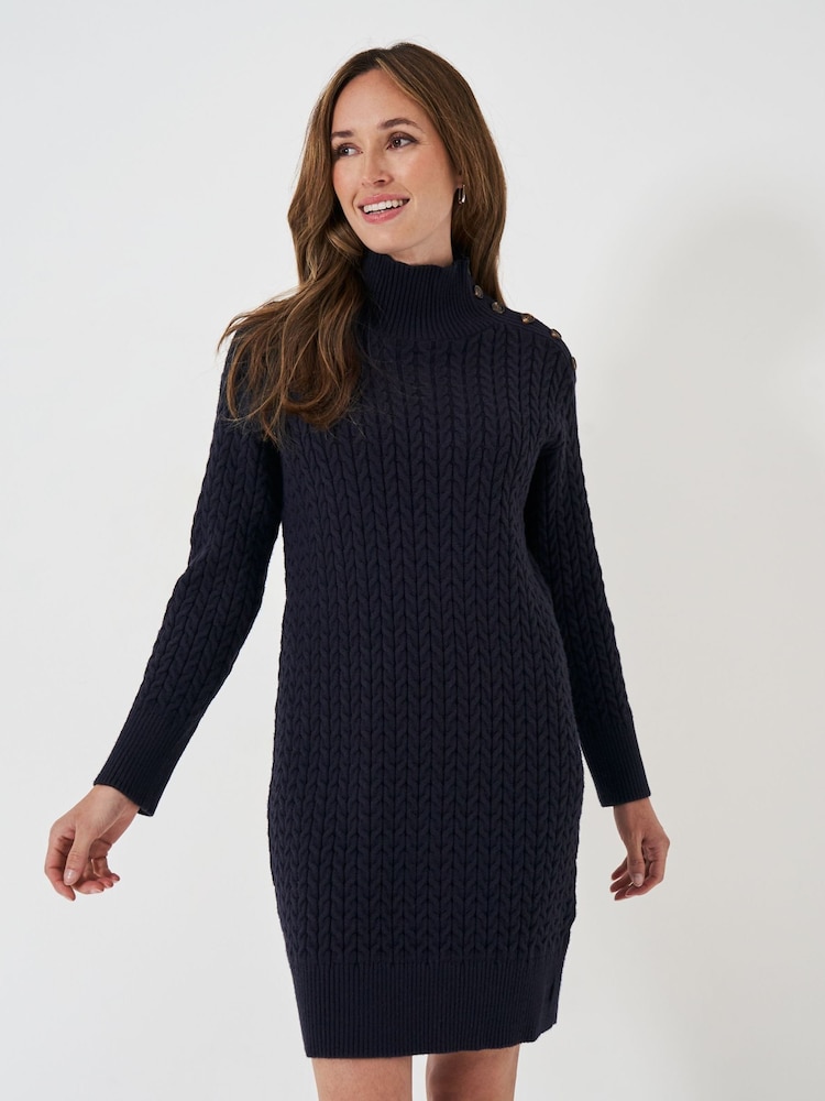 Crew Clothing Blue Leela Button Shoulder Cable Knit Dress - Image 4 of 7