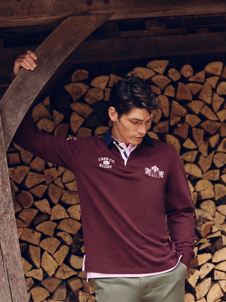 Crew Clothing Red Union Crew Branded Contrast Collar Rugby 100% Cotton Shirt - Image 1 of 5
