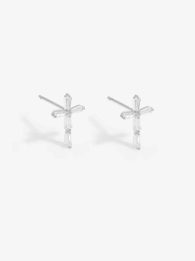Simply Silver Silver Tone 925 Cubic Zirconia Fine Cross Sud Earrings - Image 1 of 3