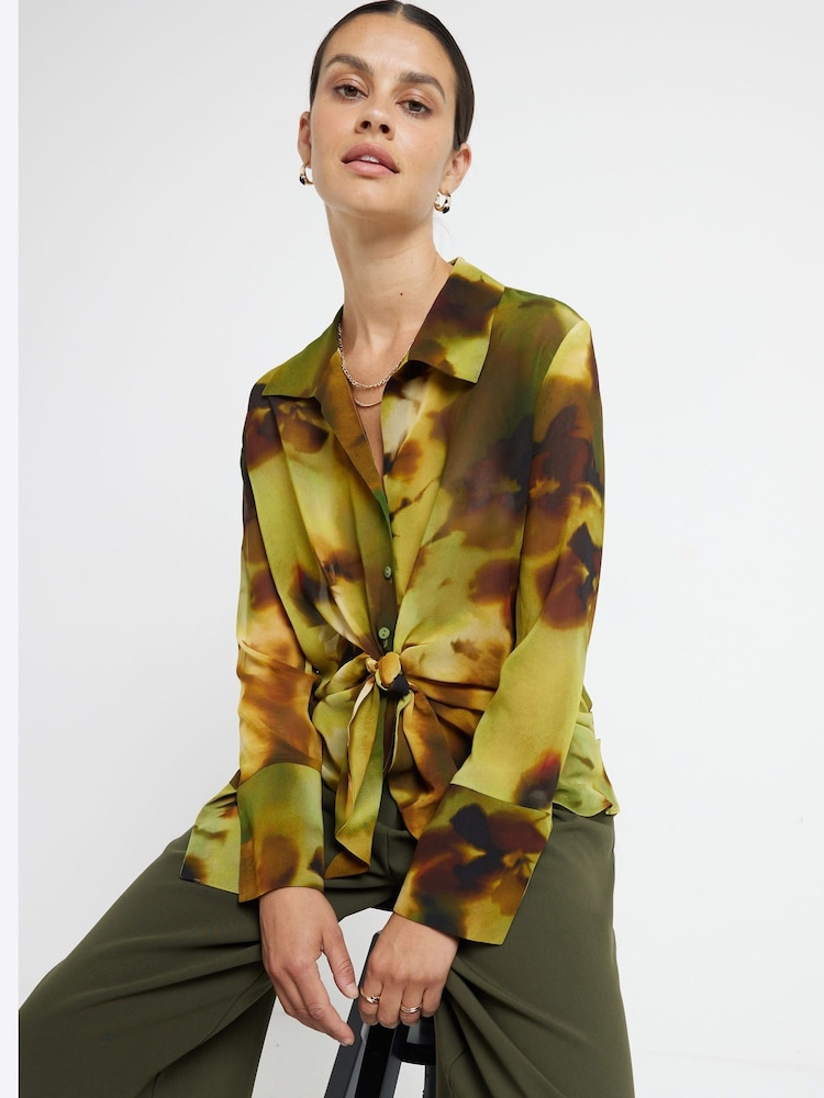 River Island Green Printed Wrap Front Shirt - Image 1 of 6 River Island Green Printed Wrap Front Shirt - Image 1 of 6