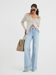 River Island Blue White High Waisted Pocket Front Wide Leg Jeans - Image 1 of 7