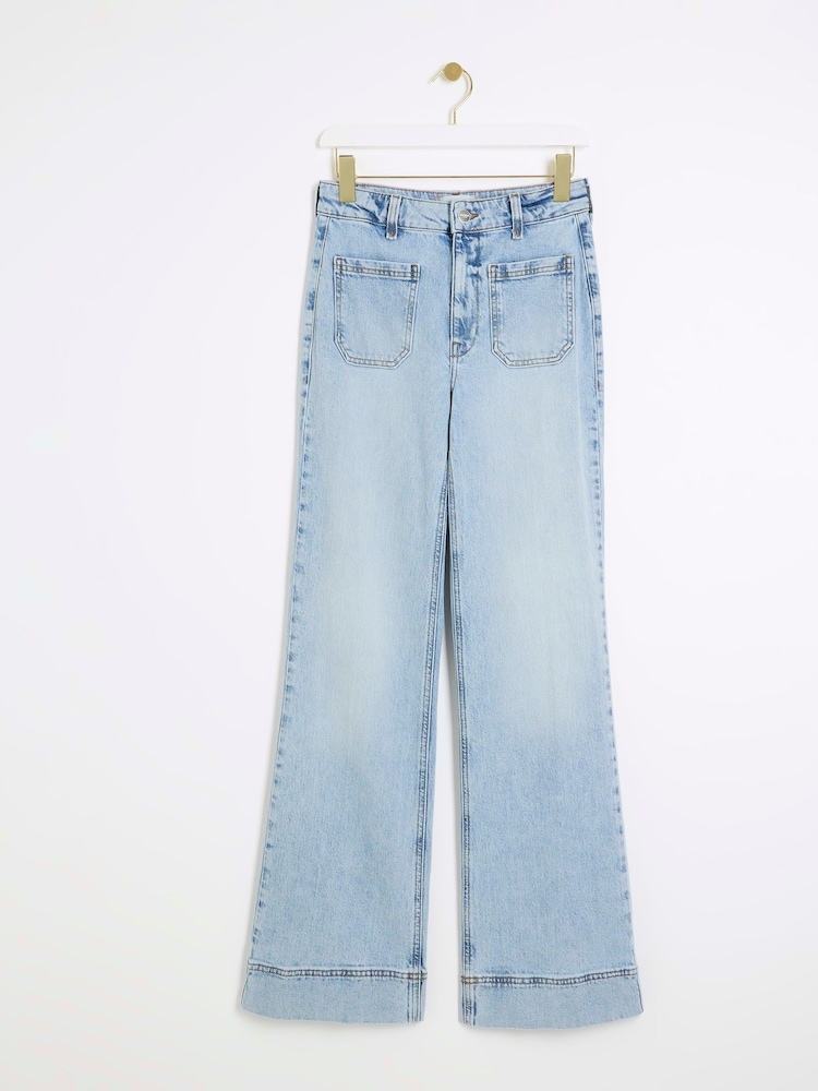 River Island Blue White High Waisted Pocket Front Wide Leg Jeans - Image 5 of 7