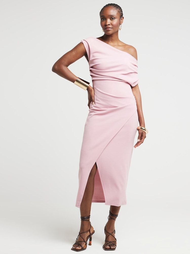 River Island Pink Drape Asym Wrap Midi Dress - Image 1 of 4