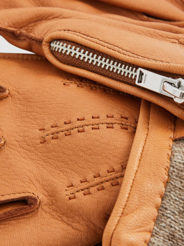 Reiss Tan Iowa Leather Zip-Side Gloves - Image 3 of 3