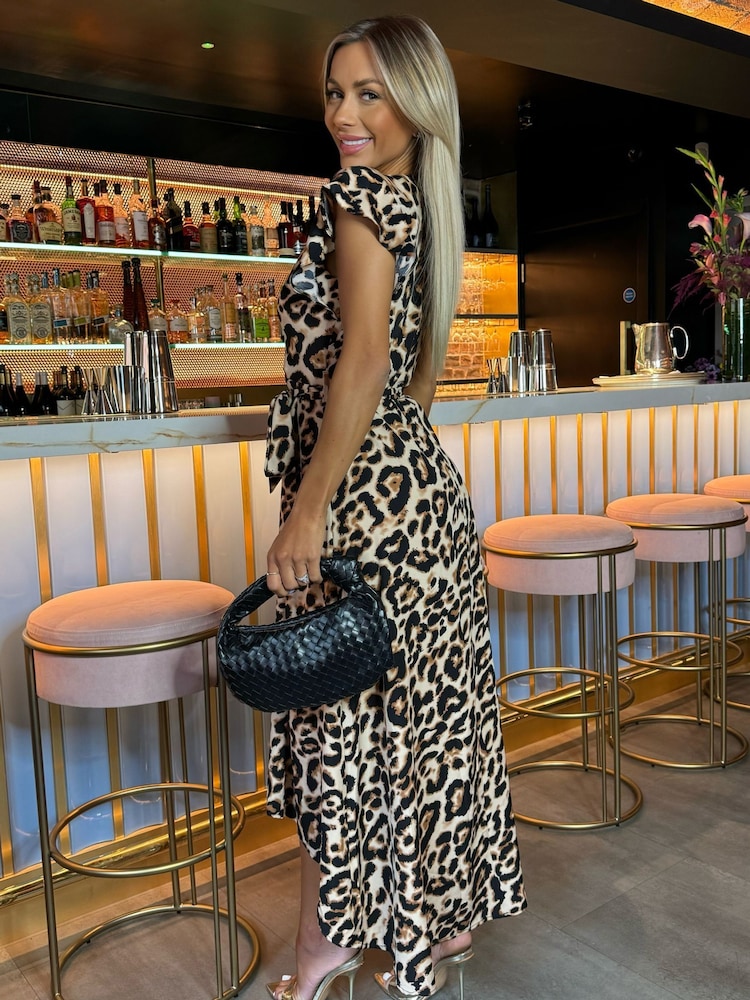 AX Paris Multi Leopard Print Short Sleeve Belted Wrap Brown Midi Dress - Image 2 of 4