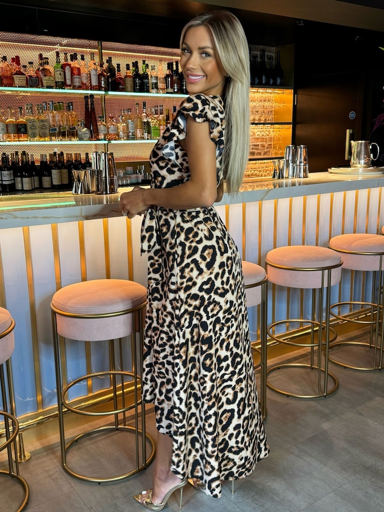 AX Paris Multi Leopard Print Short Sleeve Belted Wrap Brown Midi Dress - Image 4 of 4