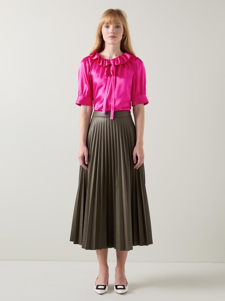 LK Bennett Pink Magenta Coco Satin Blouse With Frill Neck - Image 1 of 4