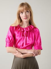 LK Bennett Pink Magenta Coco Satin Blouse With Frill Neck - Image 3 of 4