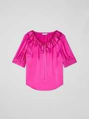 LK Bennett Pink Magenta Coco Satin Blouse With Frill Neck - Image 4 of 4