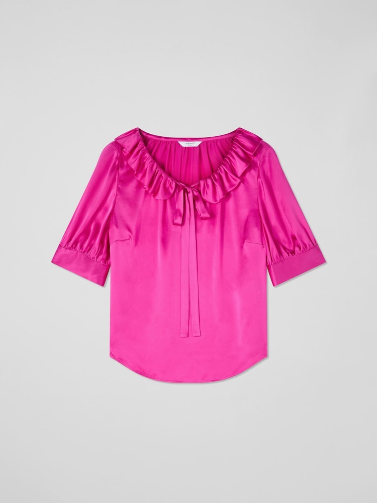 LK Bennett Pink Magenta Coco Satin Blouse With Frill Neck - Image 4 of 4