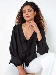Roman Black Plain Tie Front Woven Top - Image 1 of 5