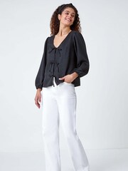 Roman Black Plain Tie Front Woven Top - Image 2 of 5