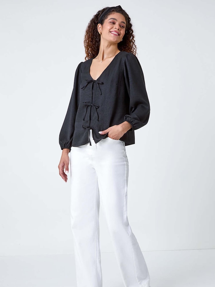 Roman Black Plain Tie Front Woven Top - Image 2 of 5
