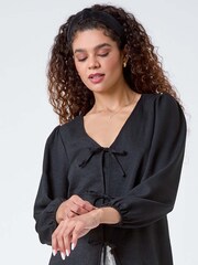 Roman Black Plain Tie Front Woven Top - Image 3 of 5