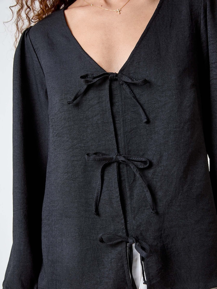 Roman Black Plain Tie Front Woven Top - Image 5 of 5
