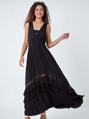 Roman Black Lace Detail Shirred Frill Maxi Dress - Image 3 of 5