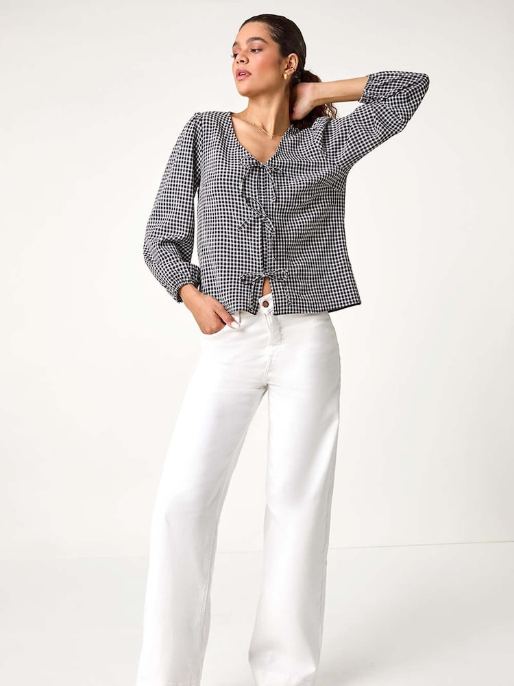 Roman Black Gingham Print Tie Front Woven Top - Image 1 of 5