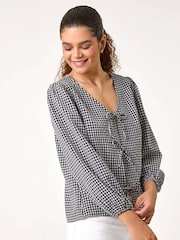 Roman Black Gingham Print Tie Front Woven Top - Image 2 of 5